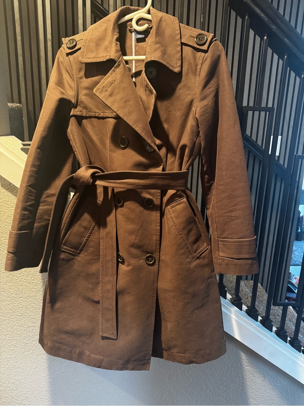 Classic Brown Double-Breasted Trench Coat with Belt, purple piping